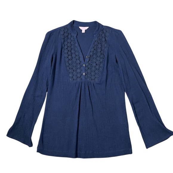 Lilly Pulitzer Freya Top Size XS Navy Blue Lace Crochet Detail Cotton Boho Chic - Picture 4 of 9